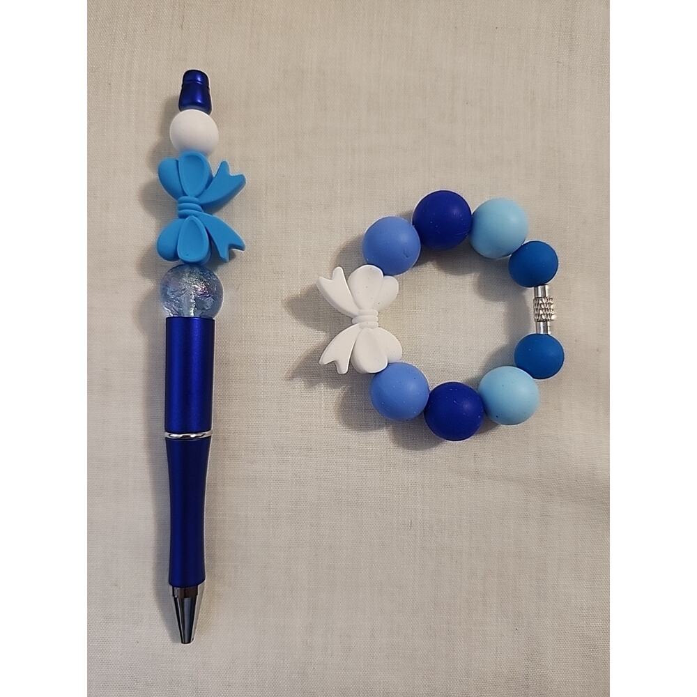 Bead Pen & Cup Charm Matching Combo Blue & White Bows Silicone Beads